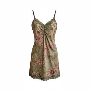 Vintage Victoria's Secret Green Pink Floral Paisley Lace Trim Slip, Size Small